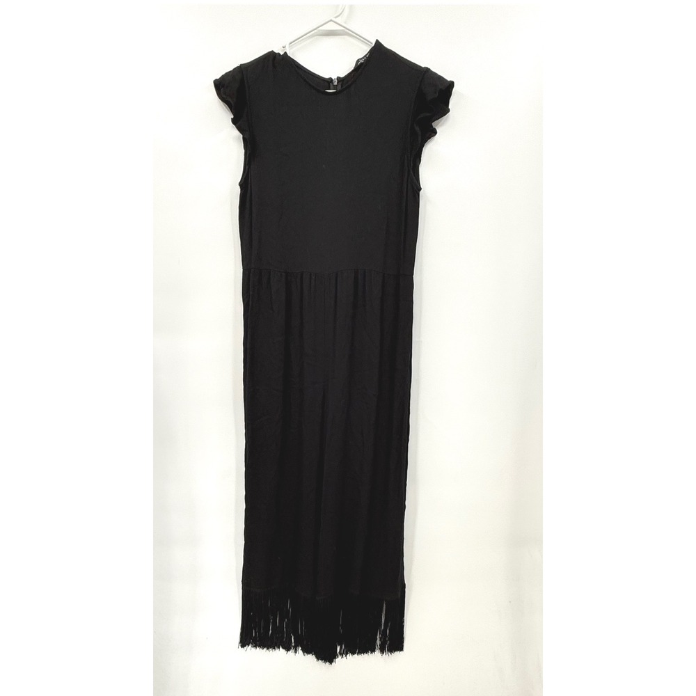 Zara M Jumpsuit Womens Black Ruffle Sleeve Fringe Hem Wide Leg Crepe Evening